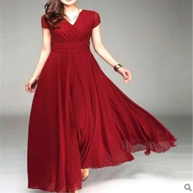 Vestido feminino com decote em V e manga curta, cor sólida, longo,  cintura alta, vestidos de verão.