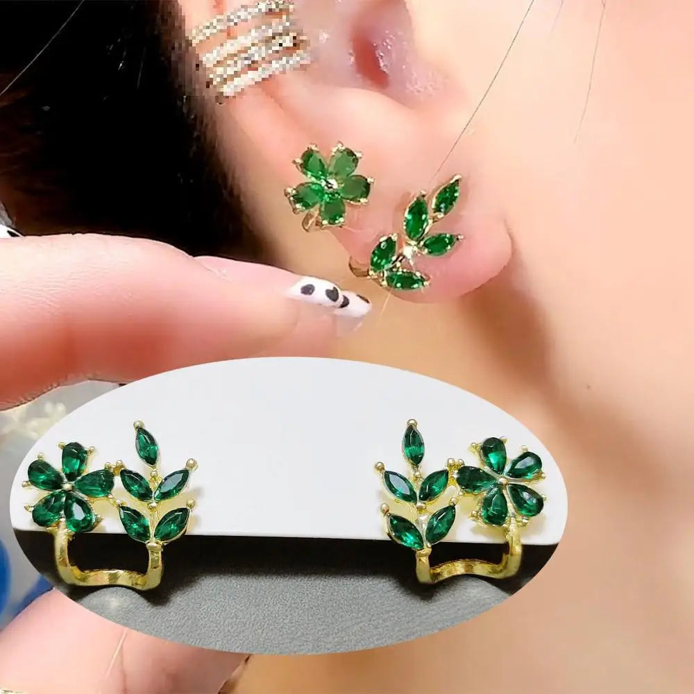 Brincos de flores verdes para moda feminina com folhas de zircônia de luxo.