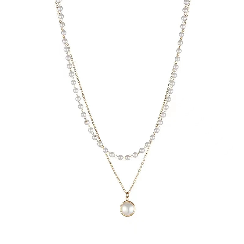 conjunto de colar feminino de ouro 18k banhado a aço titânio multicamadas de pérolas brancas pura elegância.