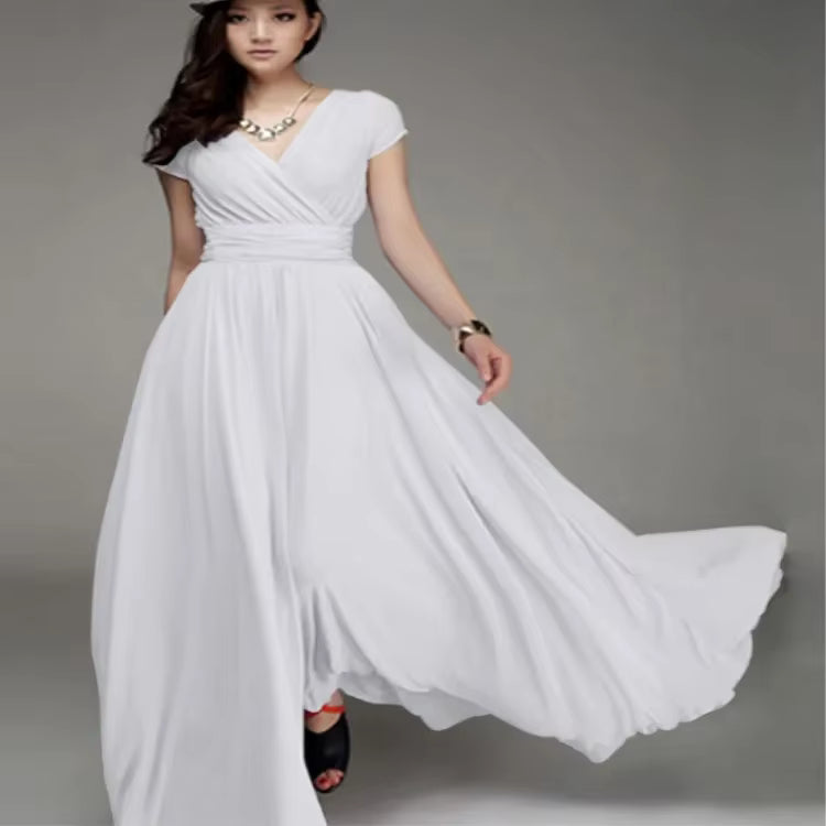Vestido feminino com decote em V e manga curta, cor sólida, longo,  cintura alta, vestidos de verão.
