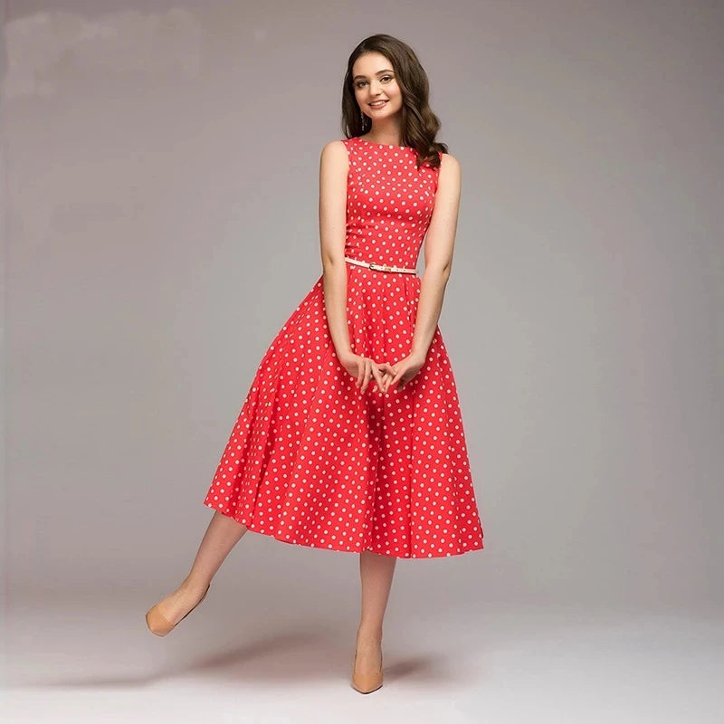 Vestido vintage sem mangas com decote redondo, elegante, fino, estampa de bolinhas casual, estilo  verão.