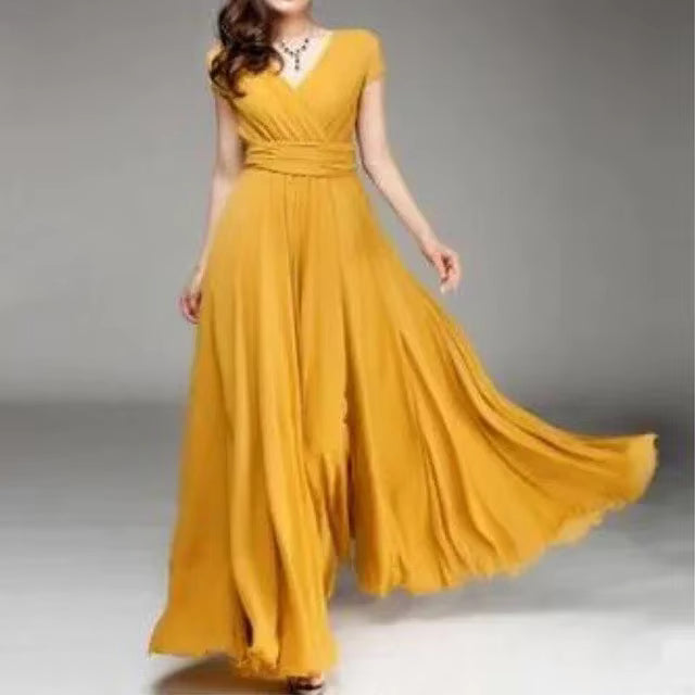 Vestido feminino com decote em V e manga curta, cor sólida, longo,  cintura alta, vestidos de verão.