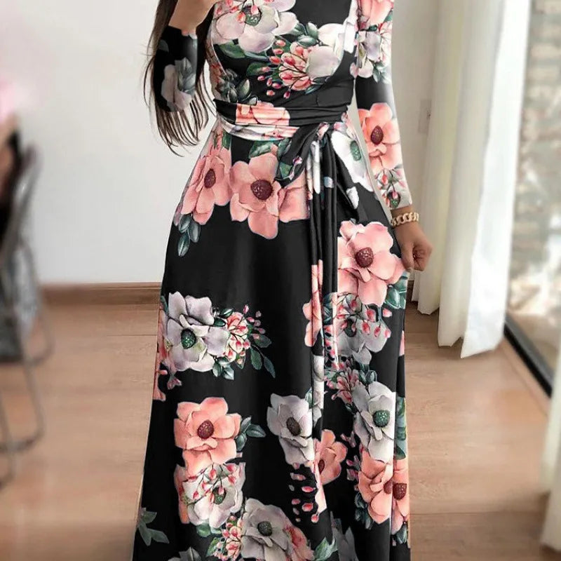 Vestido Florido com gola alta comprido leve solto casual elegante.