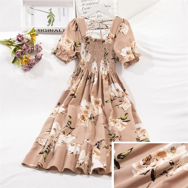Vestidos  primavera, verão moda feminina, cintura elástica, manga curta, casual.