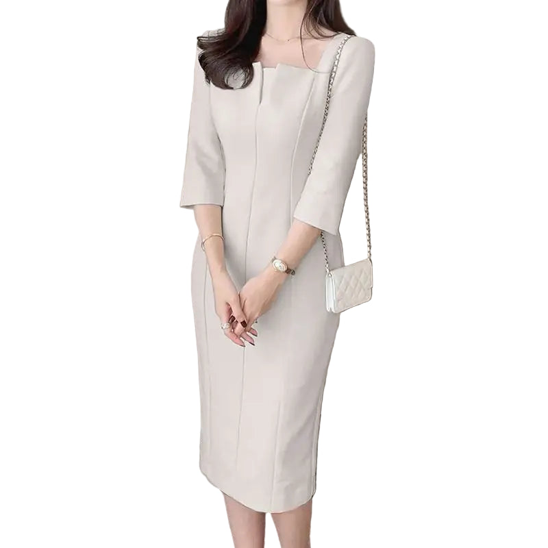 Vestido de verão feminino com manga 3/4, vestido de festa liso, para trabalho, elegante, gola quadrada, vestido fino, moda modelo lápis.
