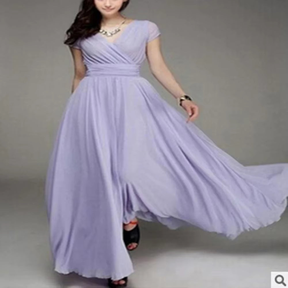 Vestido feminino com decote em V e manga curta, cor sólida, longo,  cintura alta, vestidos de verão.