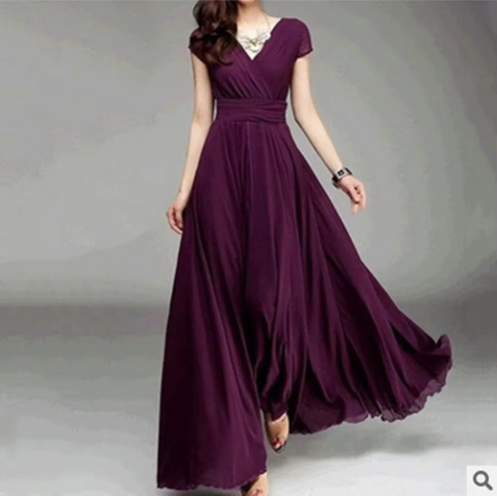 Vestido feminino com decote em V e manga curta, cor sólida, longo,  cintura alta, vestidos de verão.