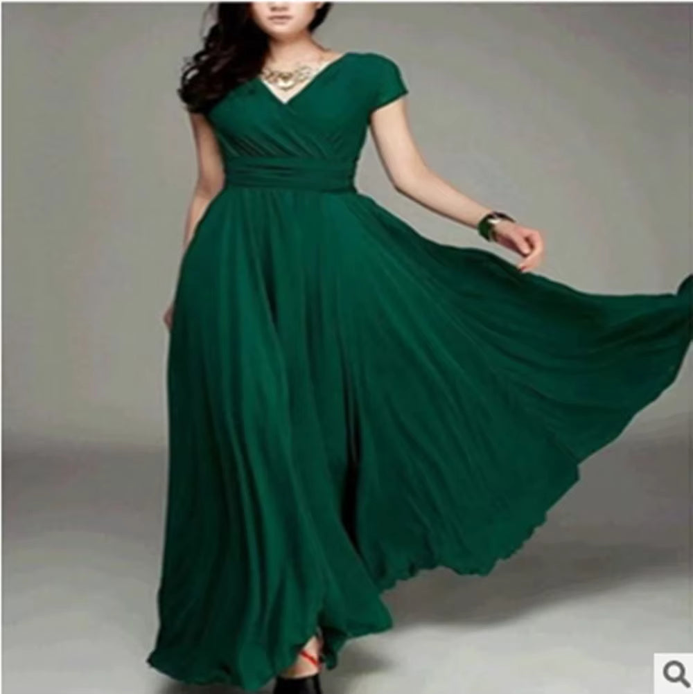Vestido feminino com decote em V e manga curta, cor sólida, longo,  cintura alta, vestidos de verão.