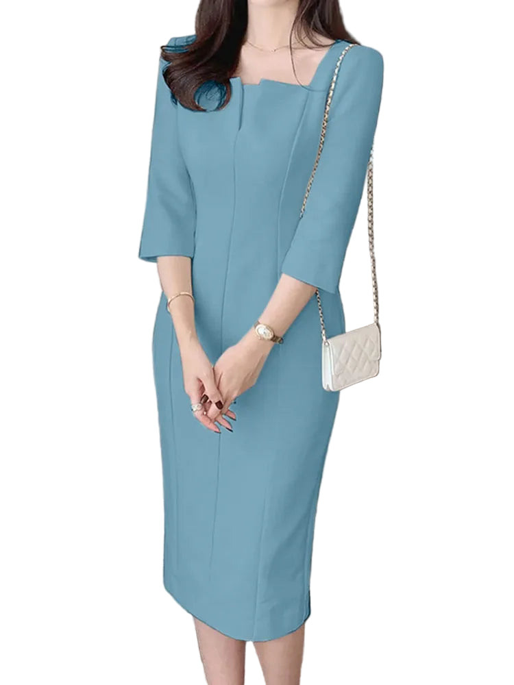 Vestido de verão feminino com manga 3/4, vestido de festa liso, para trabalho, elegante, gola quadrada, vestido fino, moda modelo lápis.