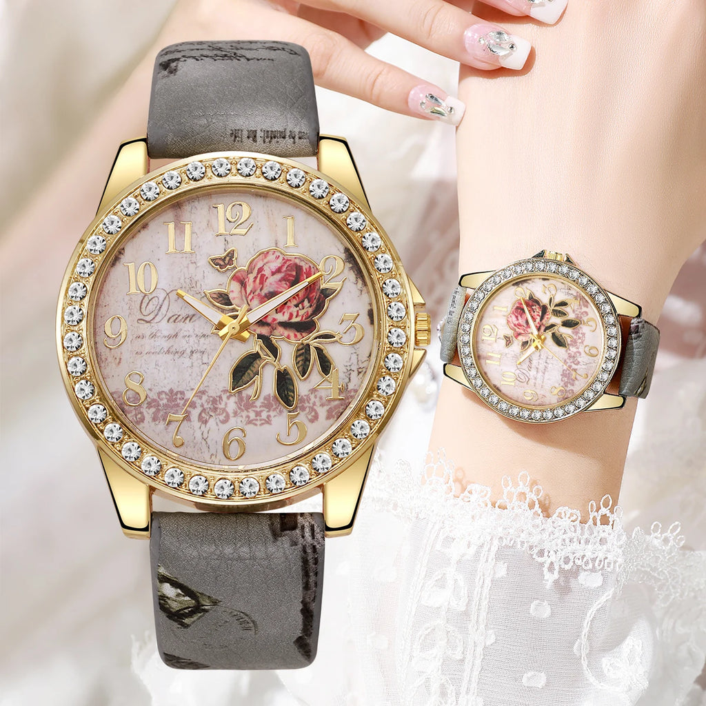 Relógio de pulso feminino vintage modelo flores e strass, casual, pulseira de couro, quartzo, relógio de pulso feminino.