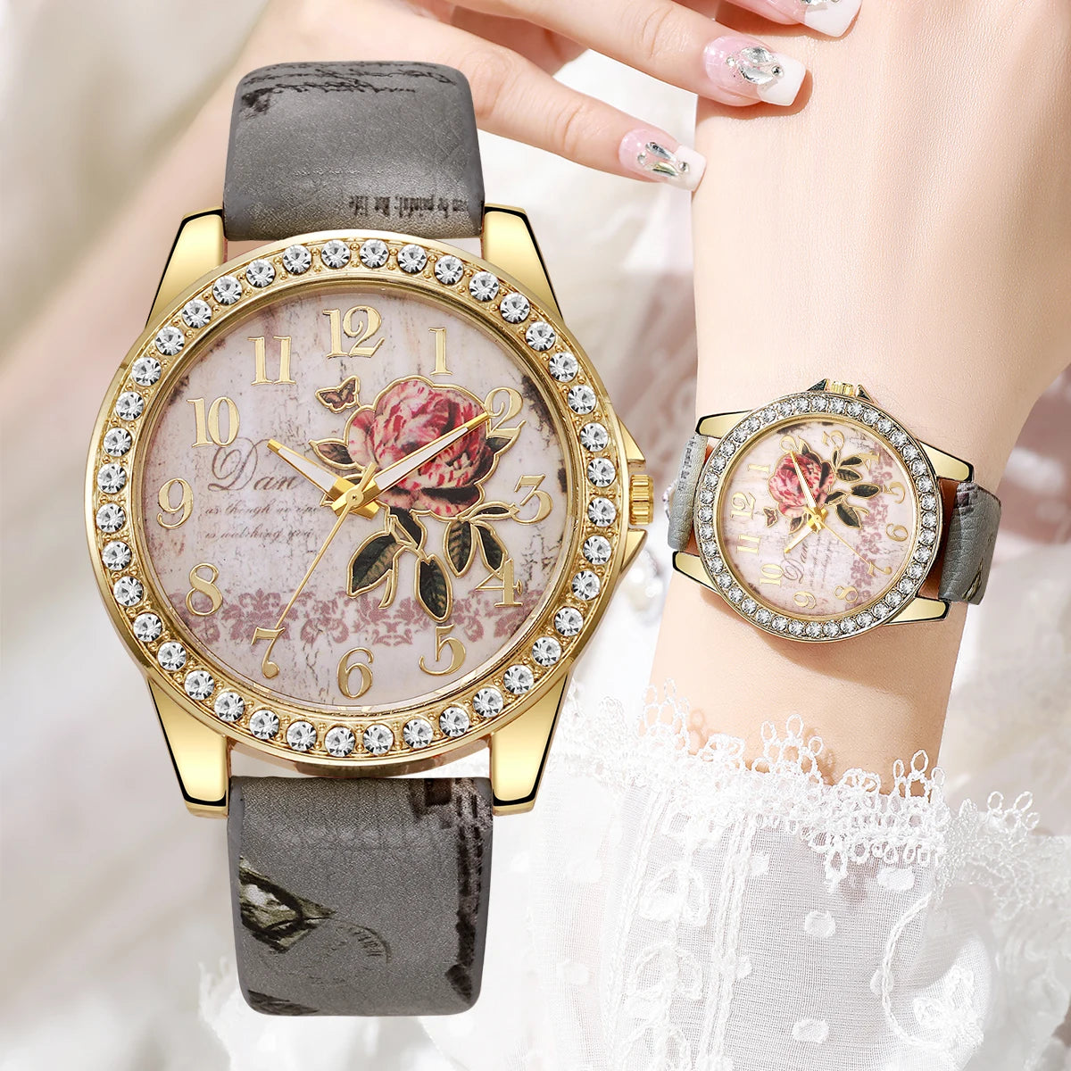 Relógio de pulso feminino vintage modelo flores e strass, casual, pulseira de couro, quartzo, relógio de pulso feminino.