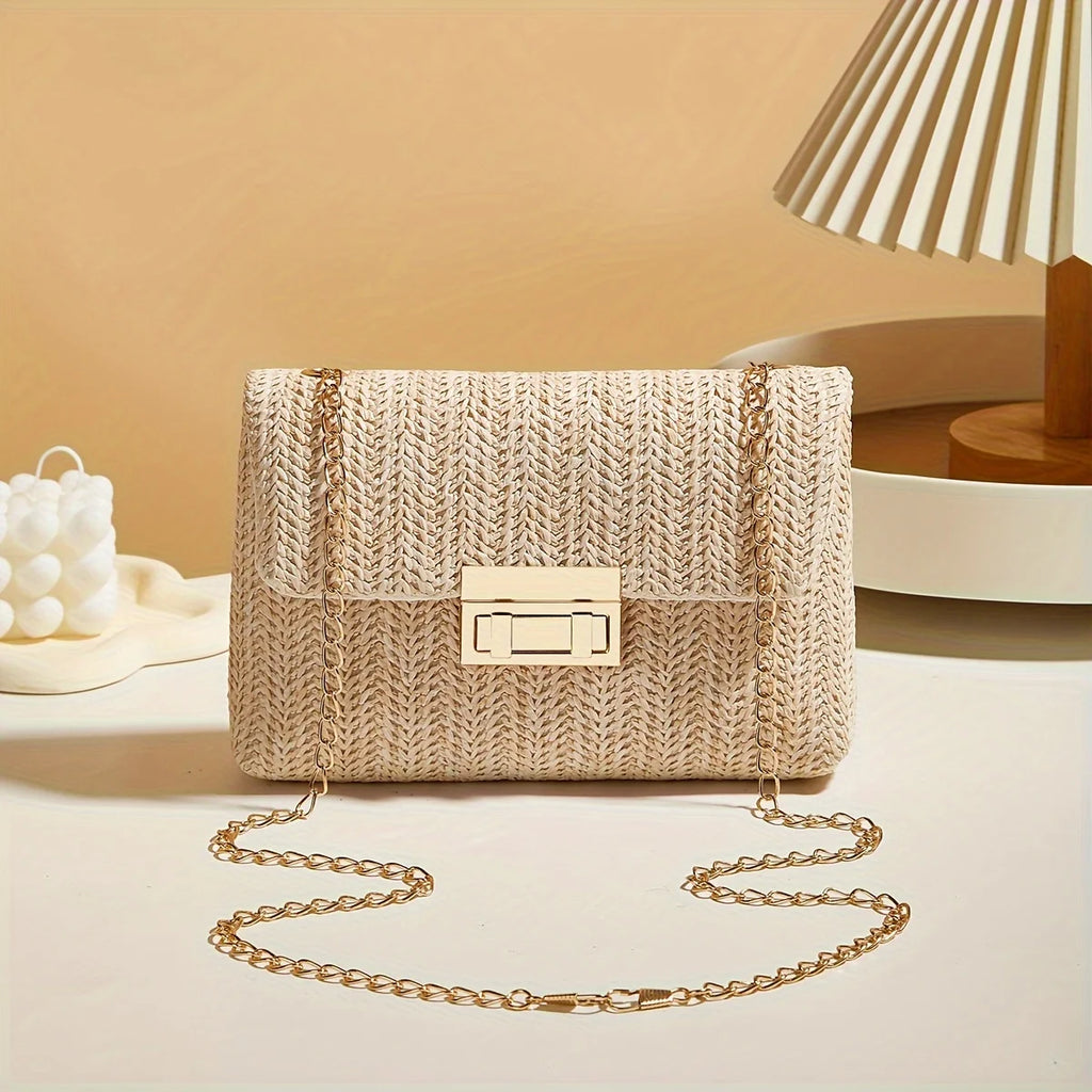 Bolsa de ombro feminina feita à mão em palha trançada, bolsa transversal de cor sólida da moda com fecho de trava