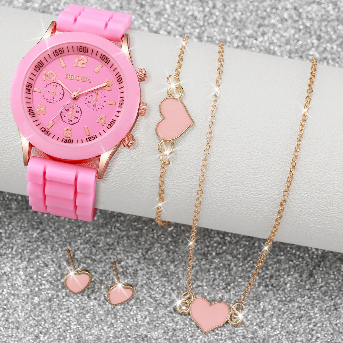 Relógio feminino com pulseira de silicone, 5/6 peças, relógios de quartzo, pulseira colar e par de brincos