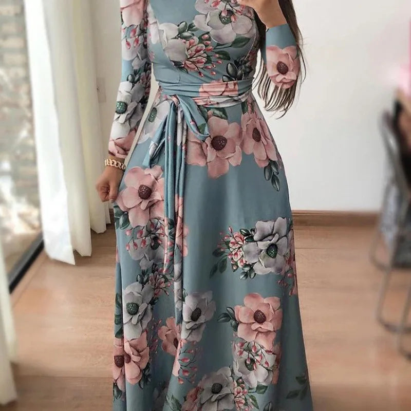 Vestido Florido com gola alta comprido leve solto casual elegante.