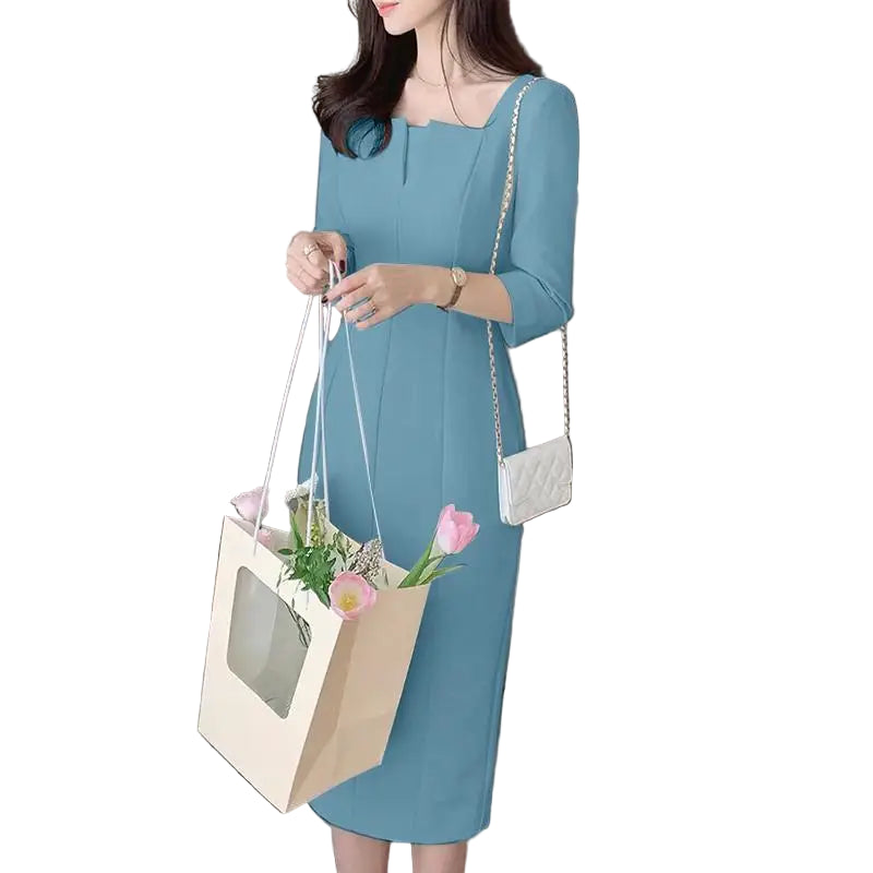 Vestido de verão feminino com manga 3/4, vestido de festa liso, para trabalho, elegante, gola quadrada, vestido fino, moda modelo lápis.