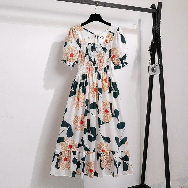 Vestidos  primavera, verão moda feminina, cintura elástica, manga curta, casual.