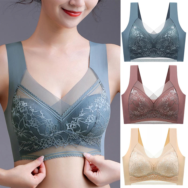 Sutiã sem costura de seda gelada para mulheres, de renda sem fio, plus size  roupa íntima confortável para o verão, lingerie
