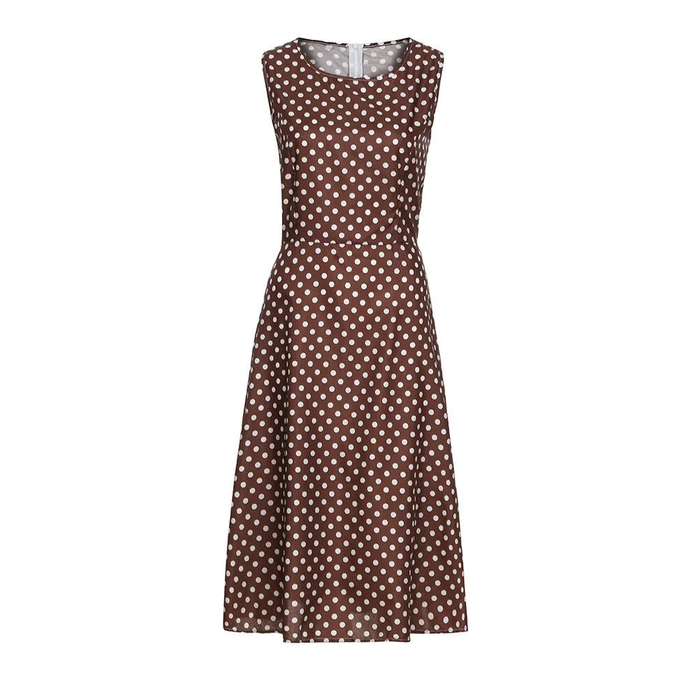 Vestido vintage sem mangas com decote redondo, elegante, fino, estampa de bolinhas casual, estilo  verão.
