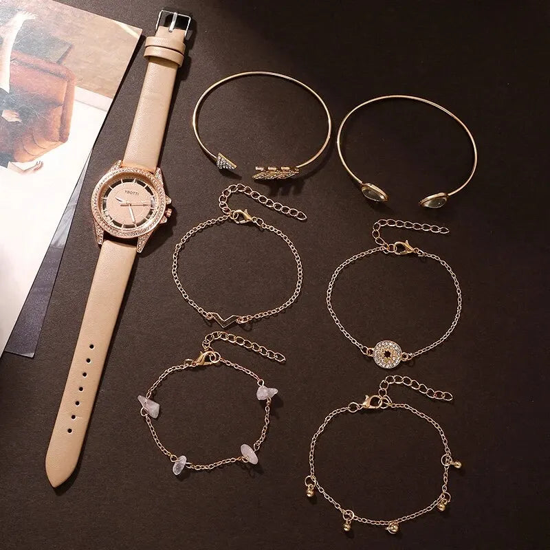 Relógio de quartzo feminino de luxo, analógico de pulso feminino, conjunto de pulseiras para vestido.