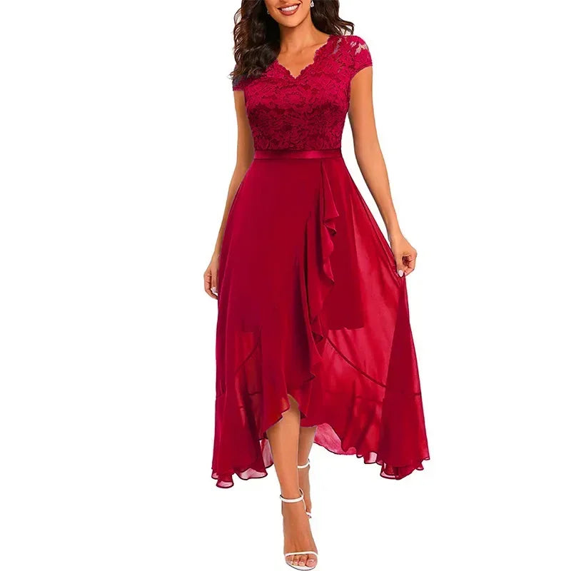 Vestido de festa feminino de manga curta com decote em V, luxuoso, com babados e renda, de  irregular, elegante.