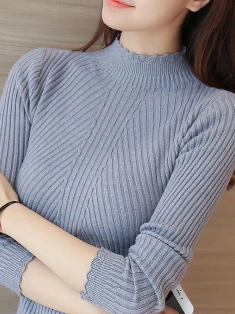 Suéter feminino de gola falsa com babados, manga comprida, tricô, cor sólida, listrado, casual.