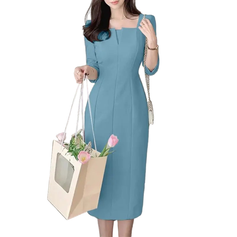 Vestido de verão feminino com manga 3/4, vestido de festa liso, para trabalho, elegante, gola quadrada, vestido fino, moda modelo lápis.