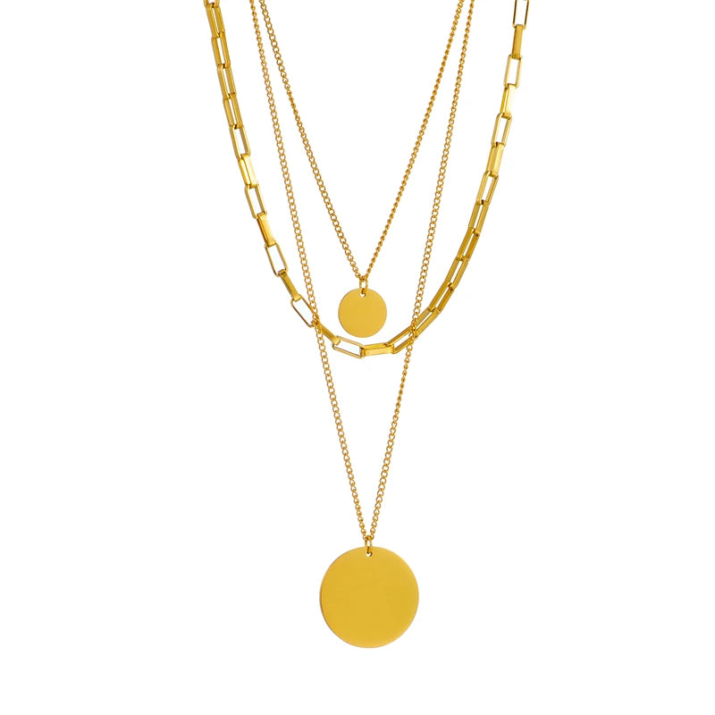 Colar com pingente redondo 3 em 1, em aço inoxidável  cor dourada moda feminina
