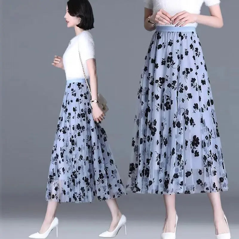 Saia de tule feminina midi solta floral, elegante, casual, para todas as mulheres.