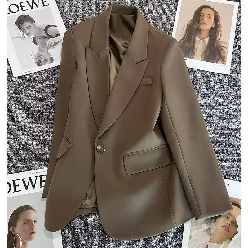 Blazer feminino primavera, outono comprimento longo, terno elegante.