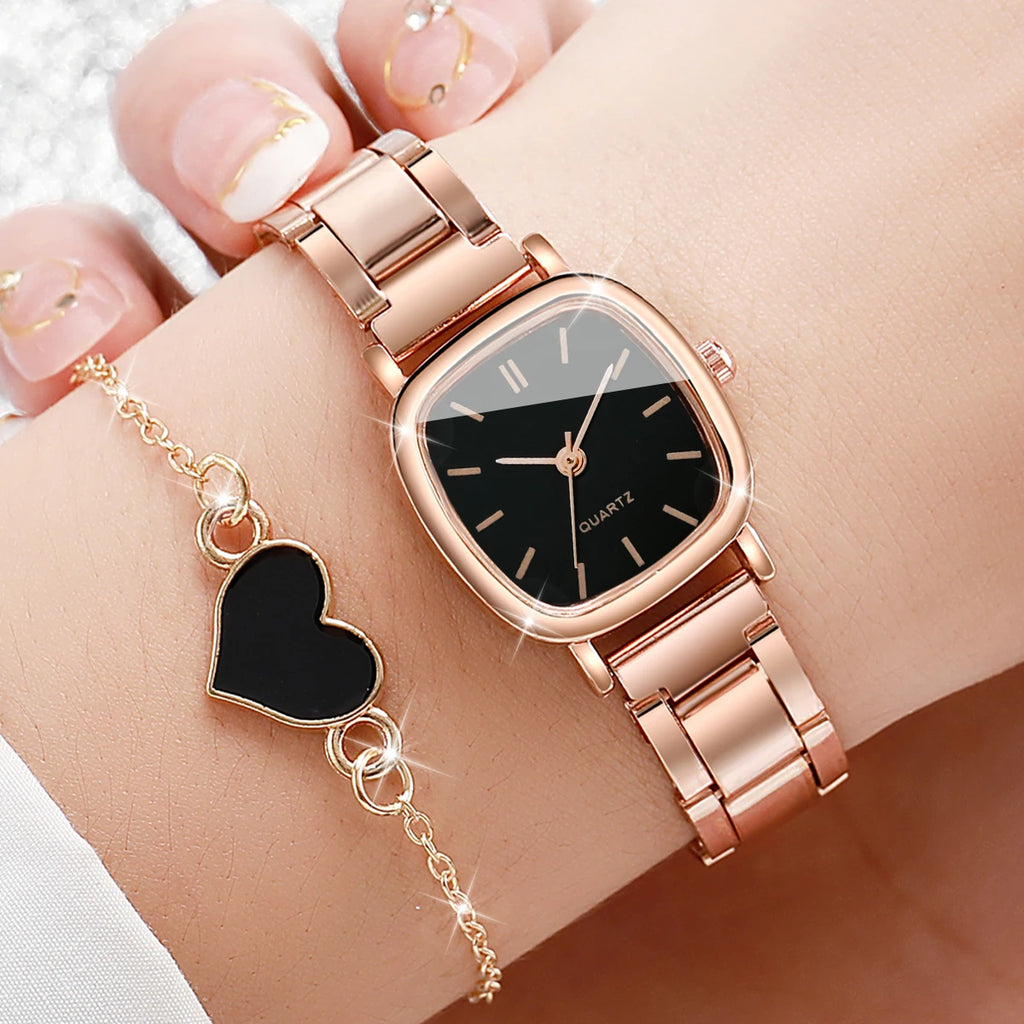 Relógio quadrado feminino inoxidável de quartzo, pulseira de coração.