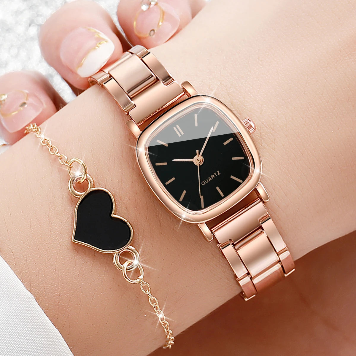 Relógio quadrado feminino inoxidável de quartzo, pulseira de coração.