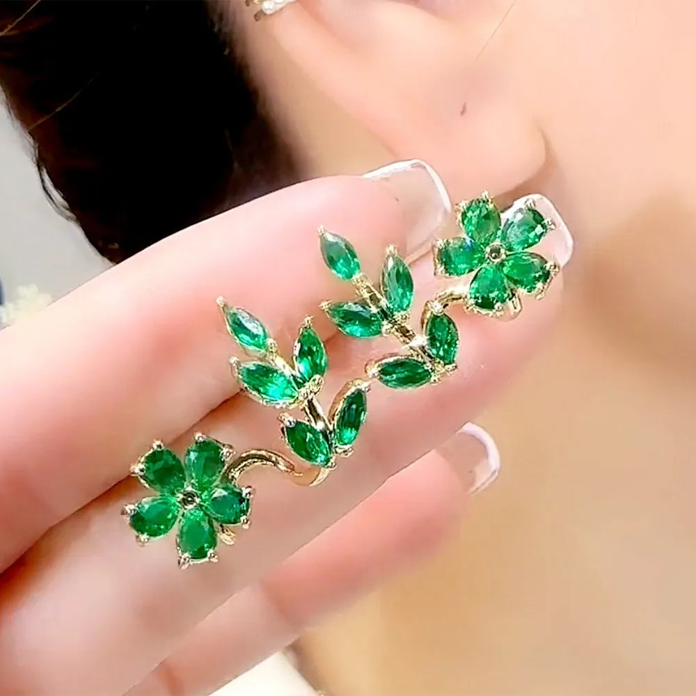Brincos de flores verdes para moda feminina com folhas de zircônia de luxo.