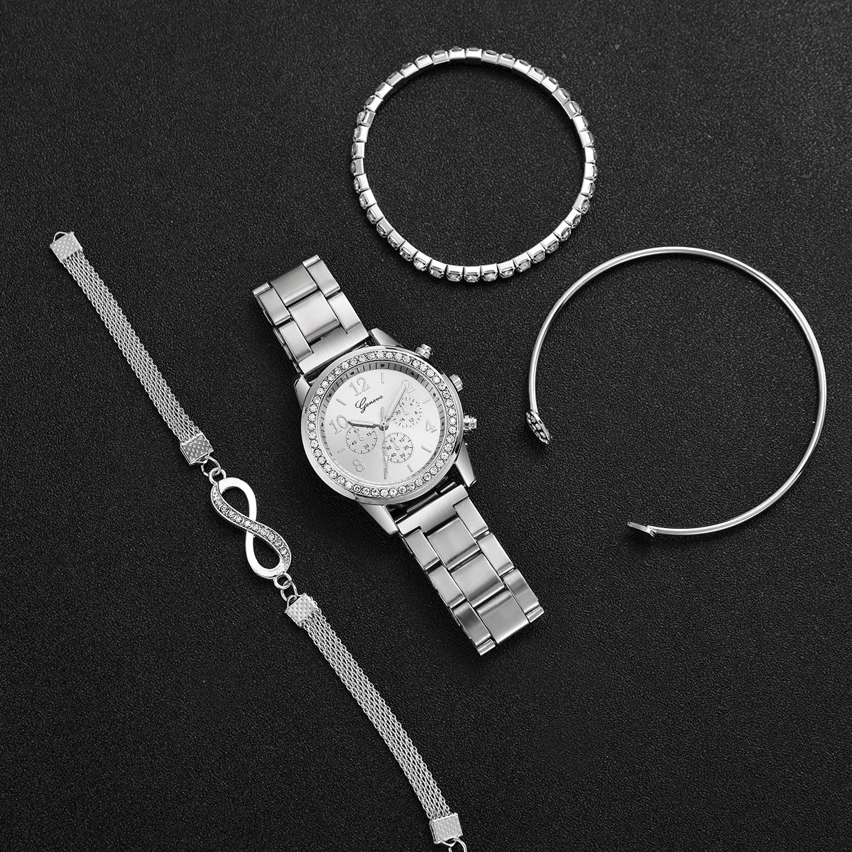Conjunto de  pulseira  relógio 4 peças de aço com strass, quartzo moda feminina.