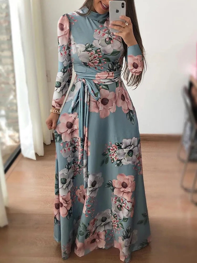 Vestido Florido com gola alta comprido leve solto casual elegante.