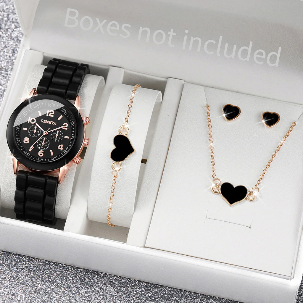 Relógio feminino com pulseira de silicone, 5/6 peças, relógios de quartzo, pulseira colar e par de brincos