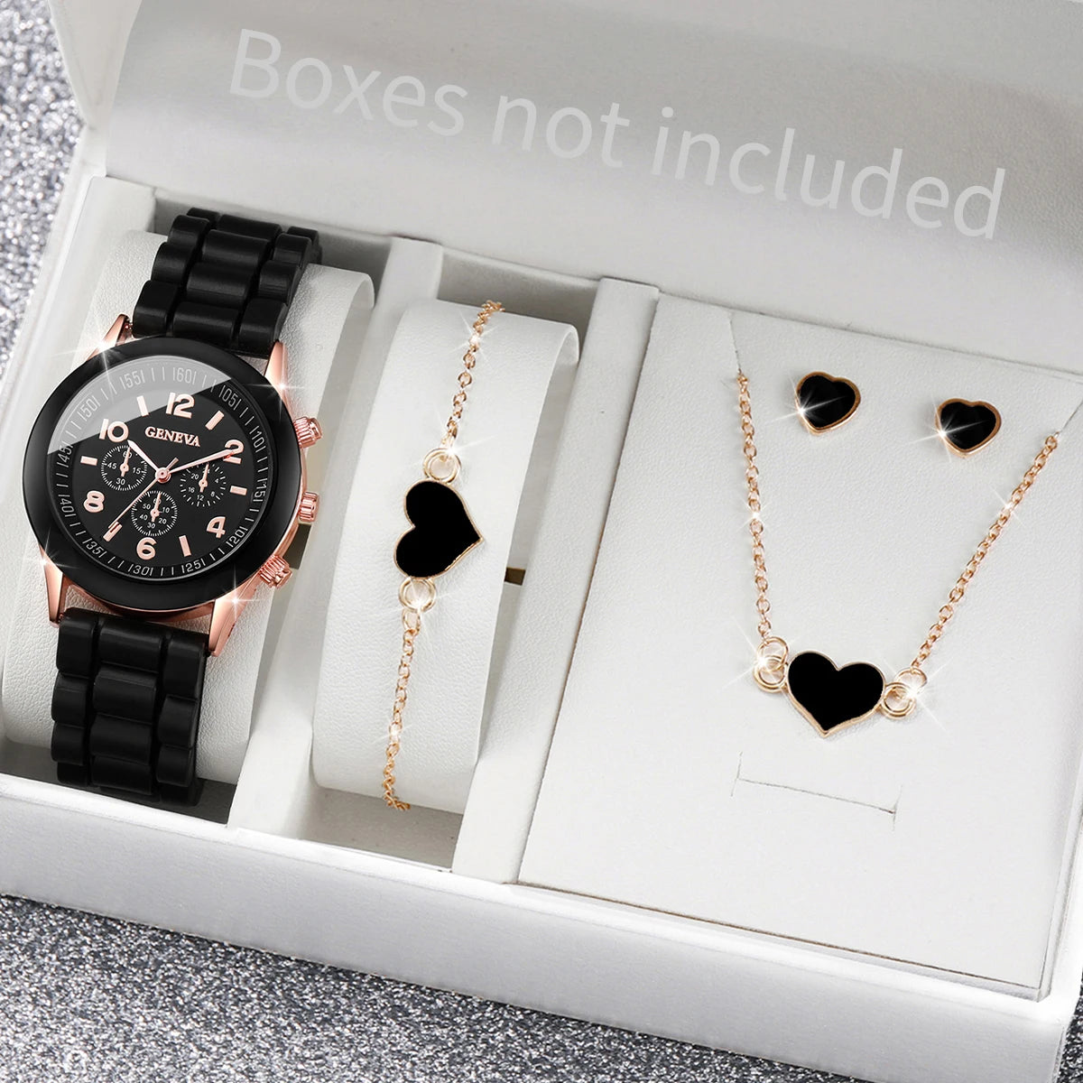 Relógio feminino com pulseira de silicone, 5/6 peças, relógios de quartzo, pulseira colar e par de brincos