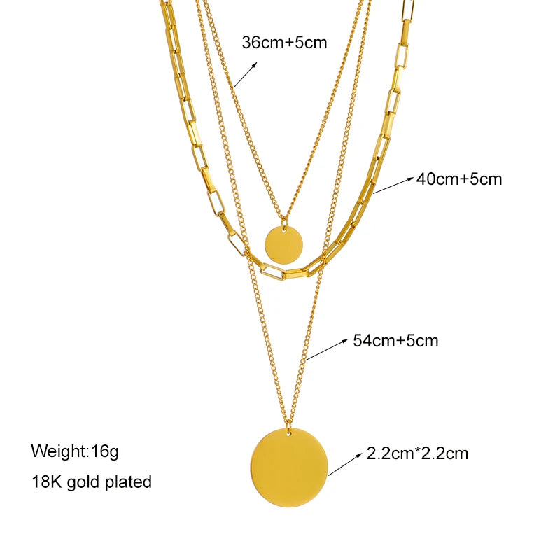 Colar com pingente redondo 3 em 1, em aço inoxidável  cor dourada moda feminina