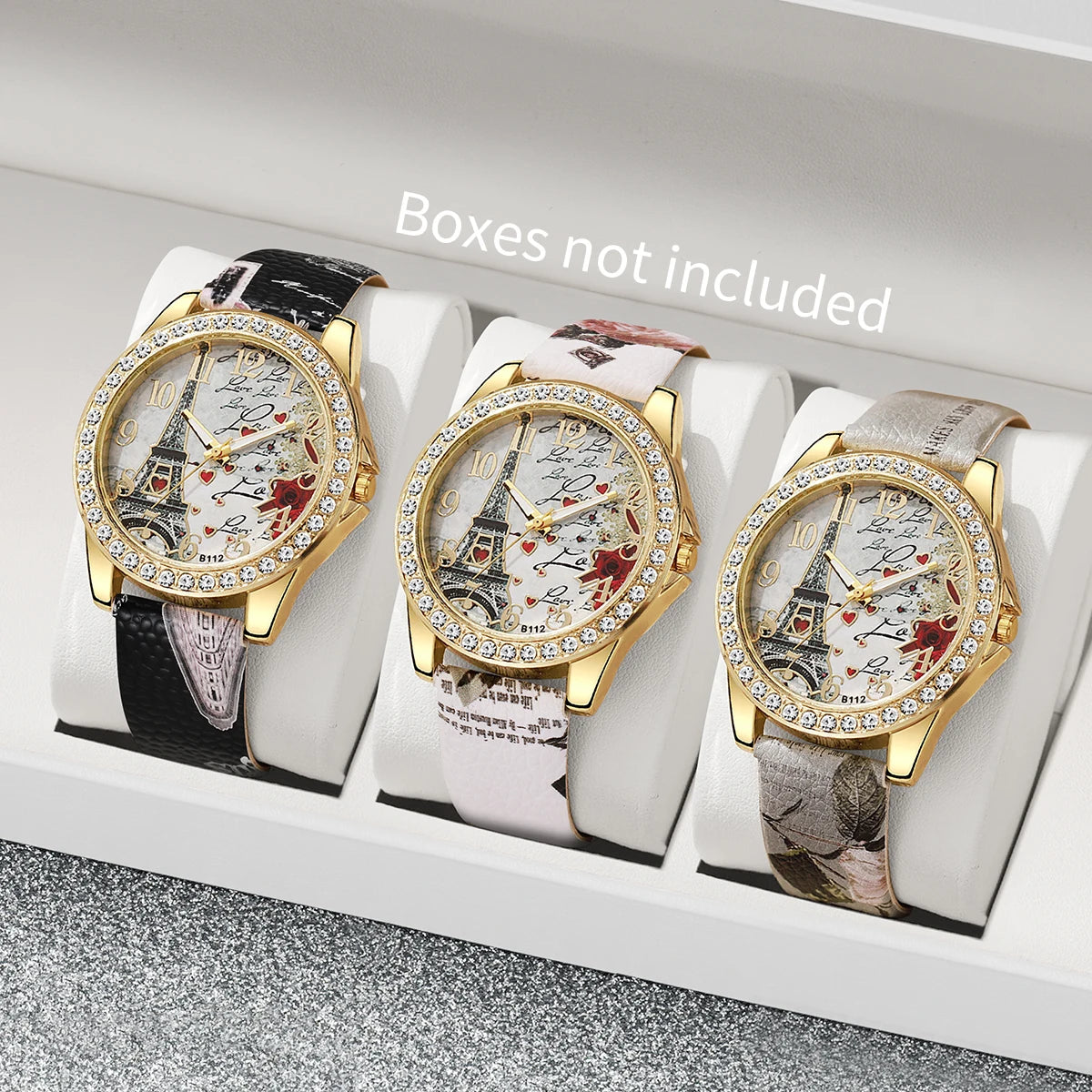 Relógio feminino com pulseira de couro estampada com  personagem vintage acompanha strass e flores, conjunto de 3/4/5 peças.