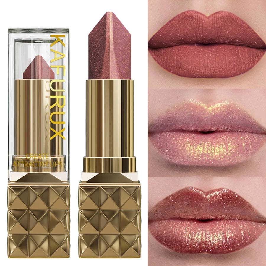 Batom brilhante metálico bicolor fosco perolado, batom de longa duração, brilho labial.