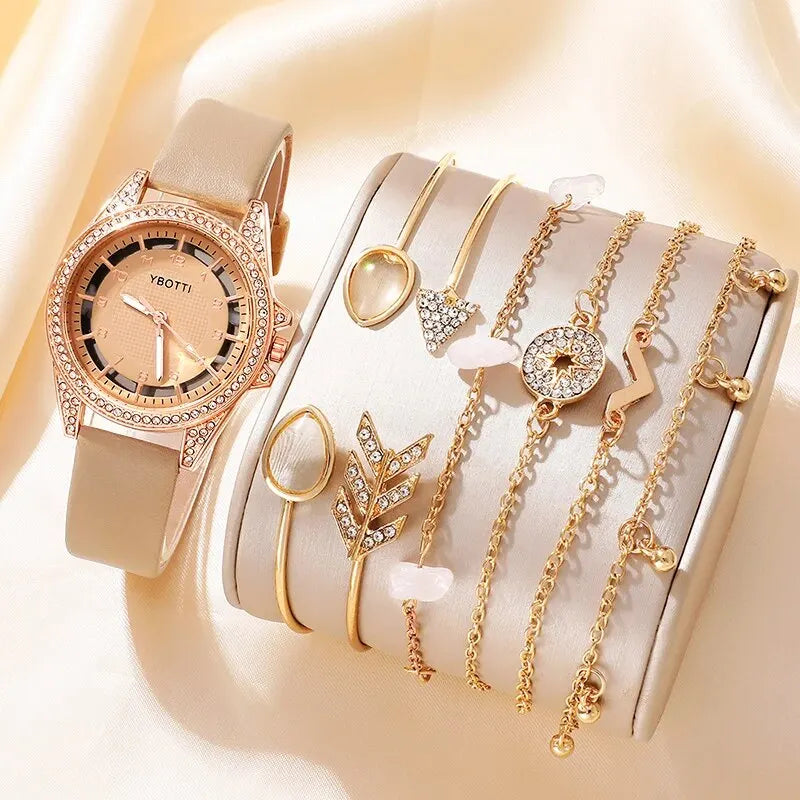 Relógio de quartzo feminino de luxo, analógico de pulso feminino, conjunto de pulseiras para vestido.