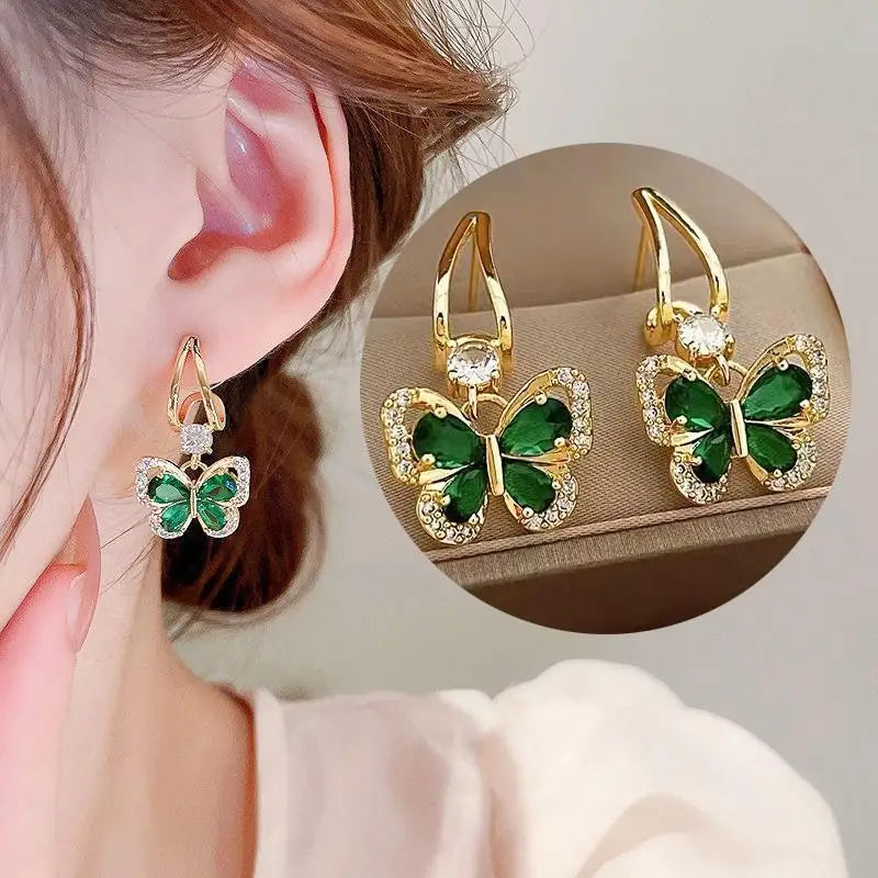 Brincos de flores verdes para moda feminina com folhas de zircônia de luxo.