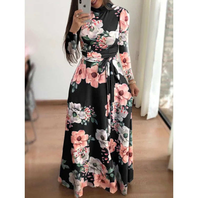 Vestido Florido com gola alta comprido leve solto casual elegante.