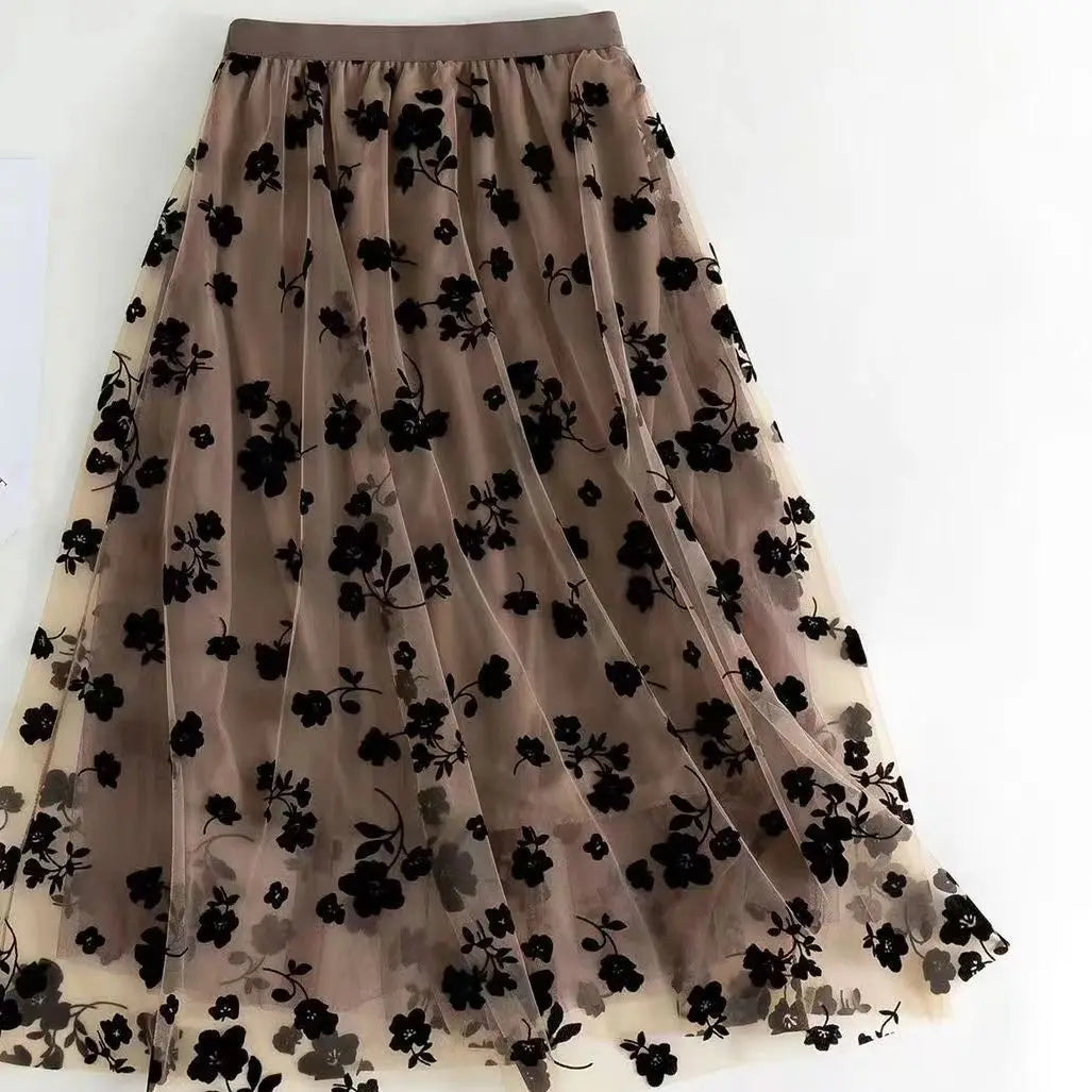 Saia de tule feminina midi solta floral, elegante, casual, para todas as mulheres.