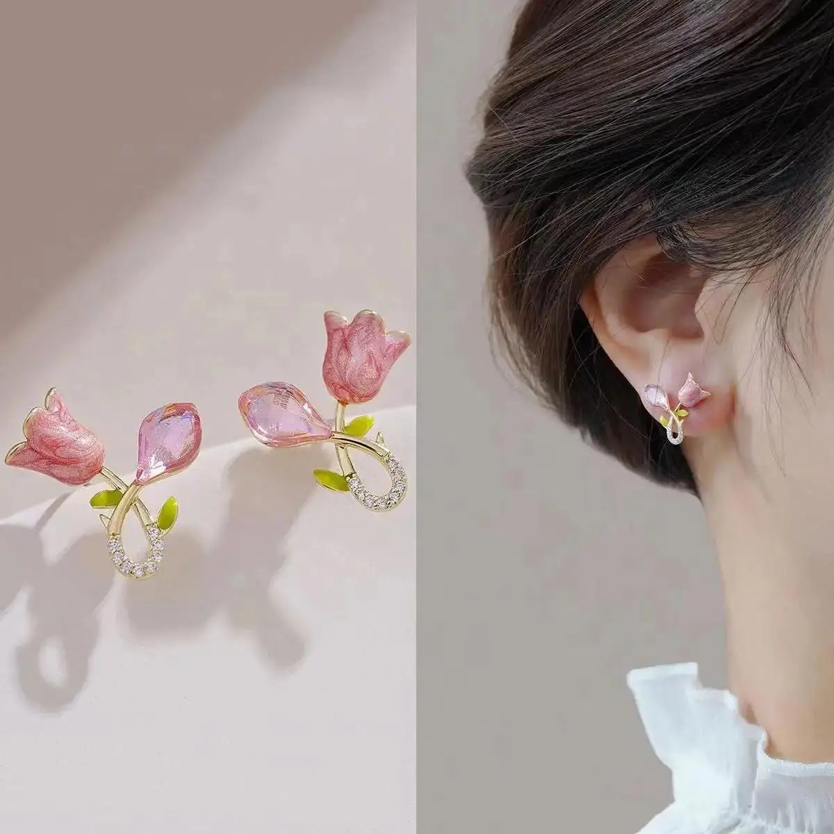 Brincos de flores verdes para moda feminina com folhas de zircônia de luxo.