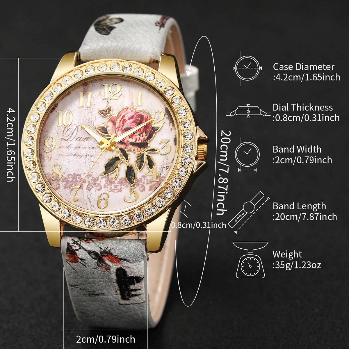 Relógio de pulso feminino vintage modelo flores e strass, casual, pulseira de couro, quartzo, relógio de pulso feminino.