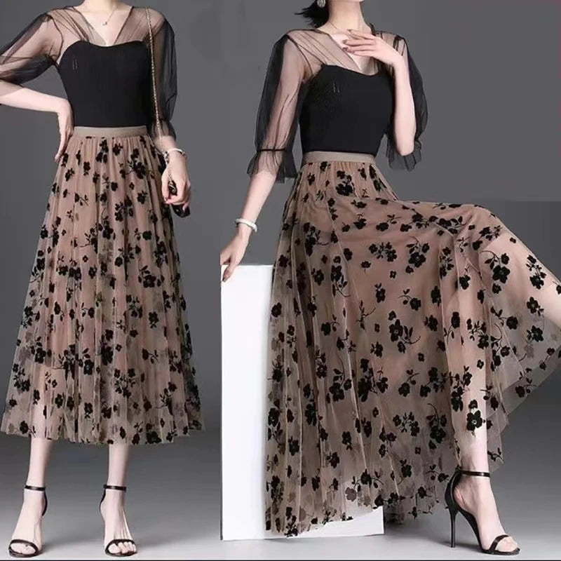 Saia de tule feminina midi solta floral, elegante, casual, para todas as mulheres.