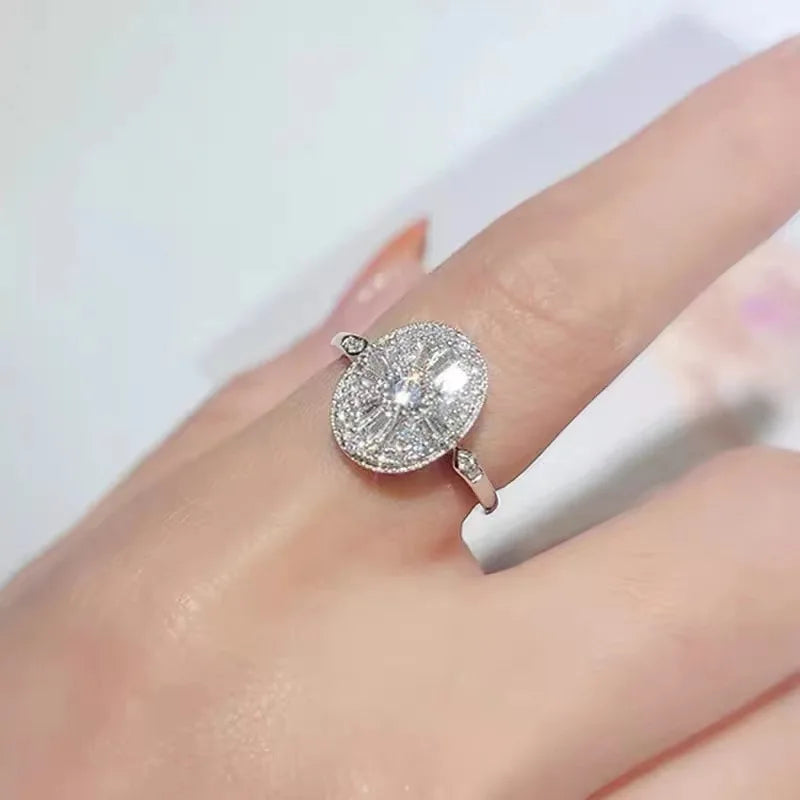 Anel  de luxo em prata  com corte princesa e diamantes moda, joias ajustáveis.