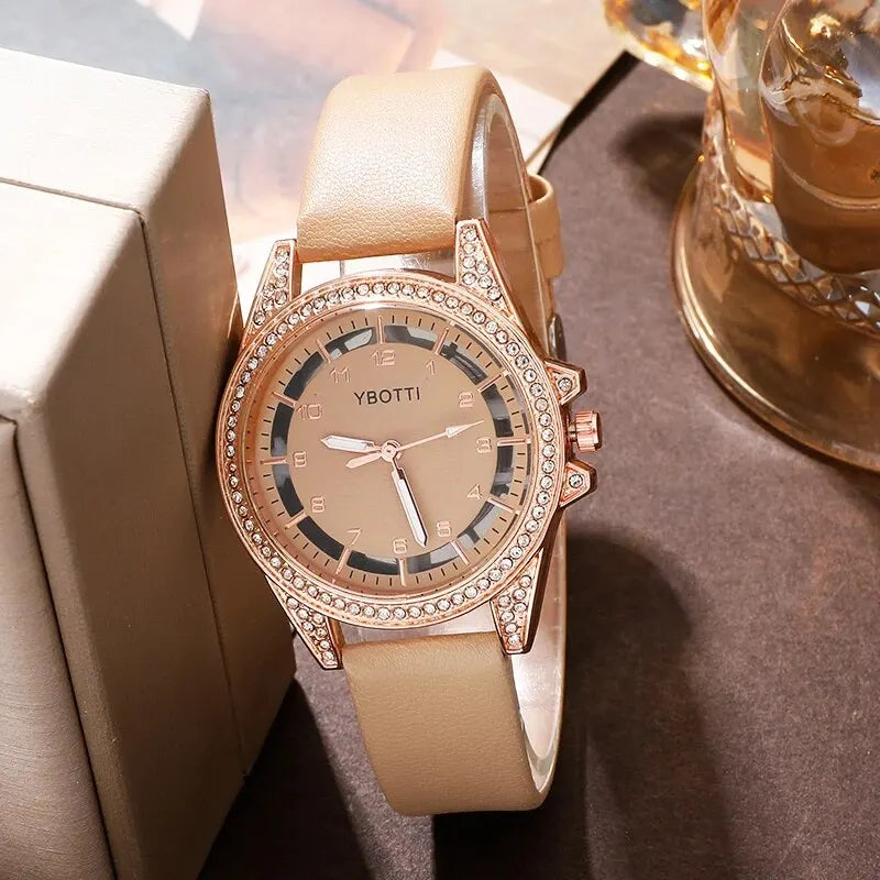 Relógio de quartzo feminino de luxo, analógico de pulso feminino, conjunto de pulseiras para vestido.