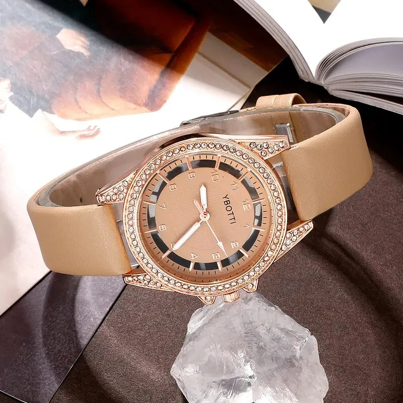 Relógio de quartzo feminino de luxo, analógico de pulso feminino, conjunto de pulseiras para vestido.