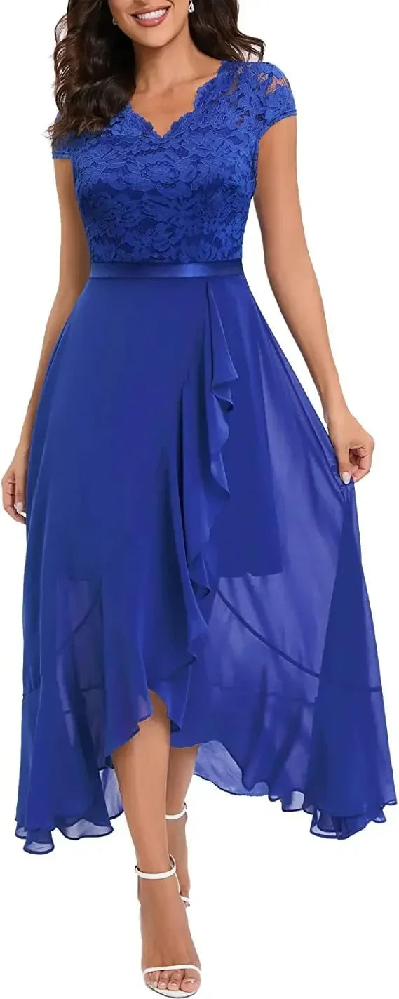 Vestido de festa feminino de manga curta com decote em V, luxuoso, com babados e renda, de  irregular, elegante.
